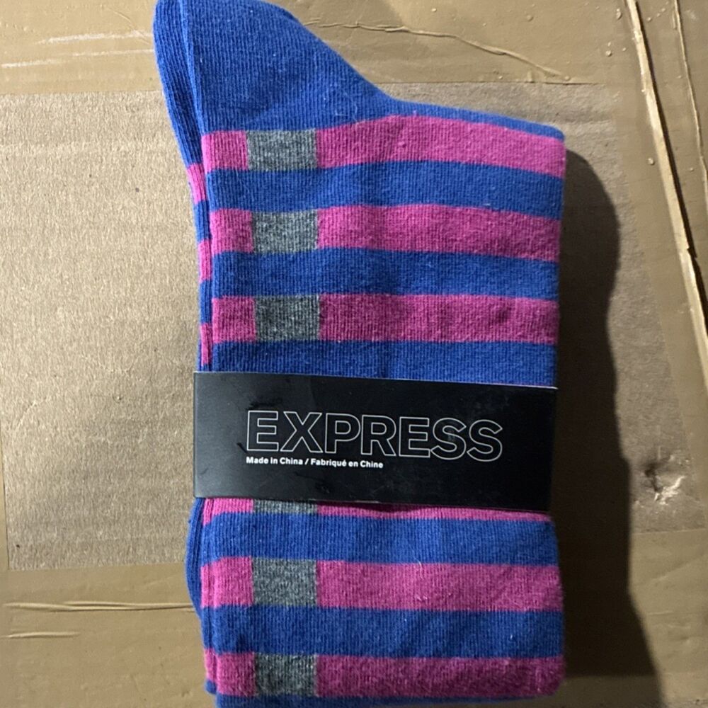 Express Men's Striped Crew Socks Blue Pink Gray Size 8-12 Cotton Blend